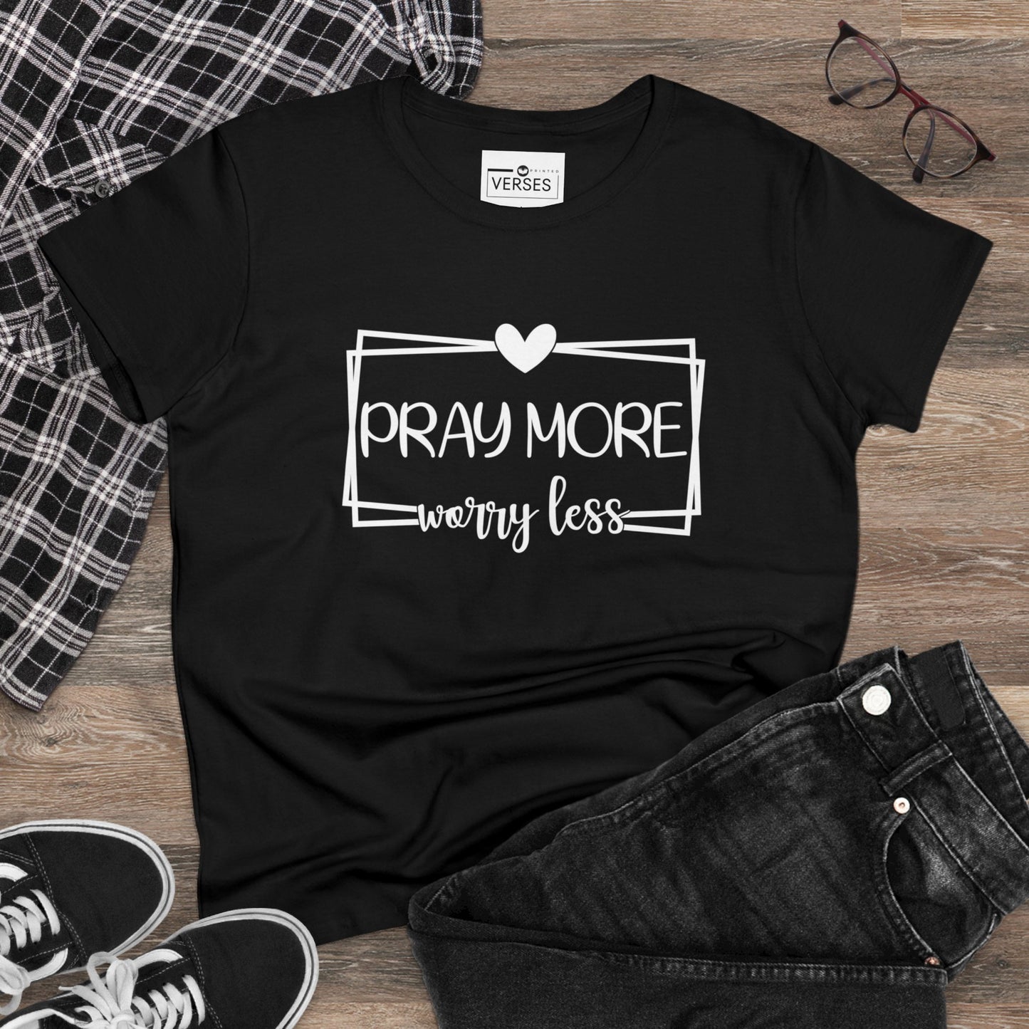 PRAY MORE WORRY LESS - LADIES DRK TEE