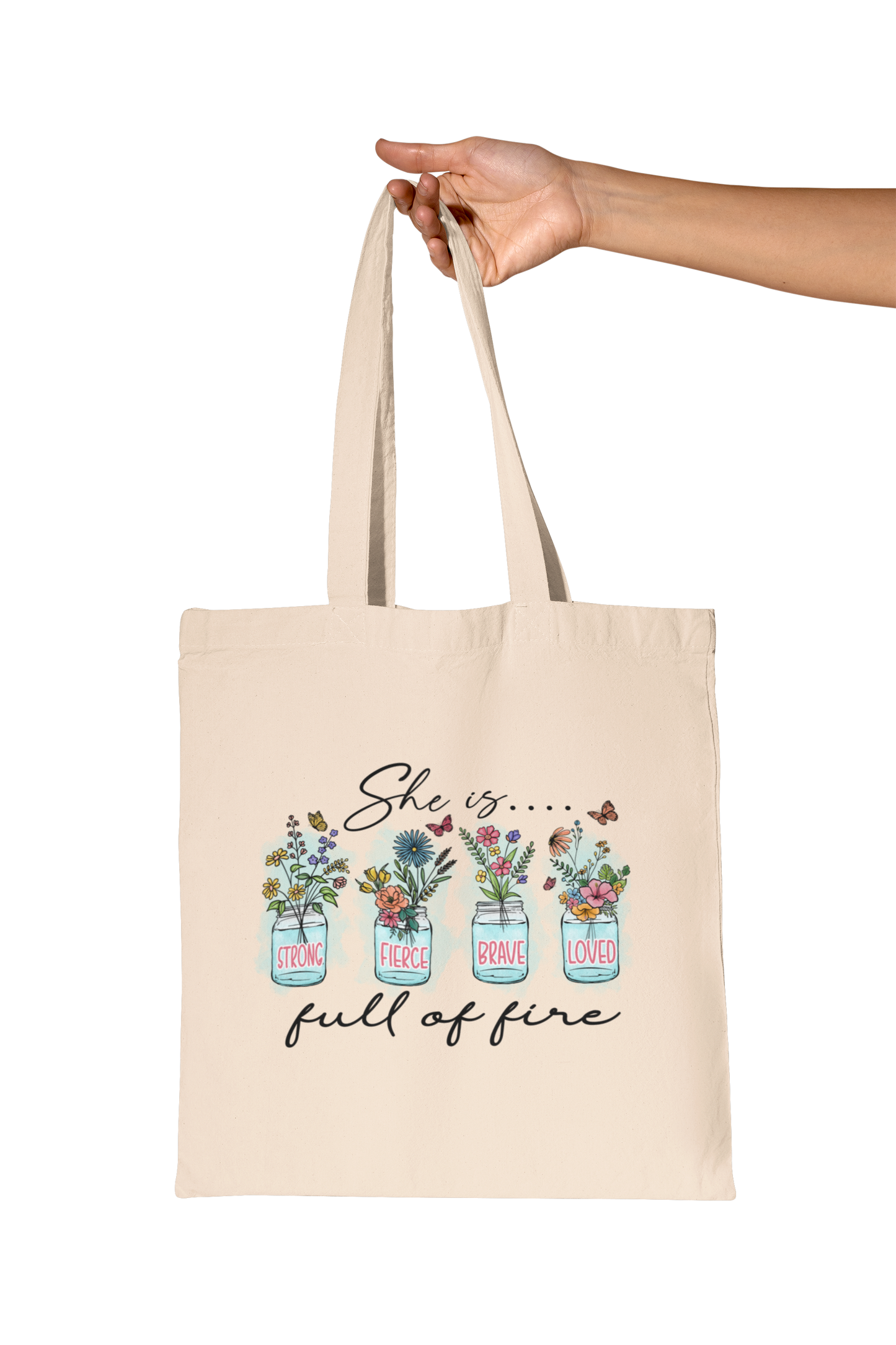 SHE IS STRONG FIERCE BRAVE LOVED FULL OF FIRE - PROMISEKEEPER TOTES