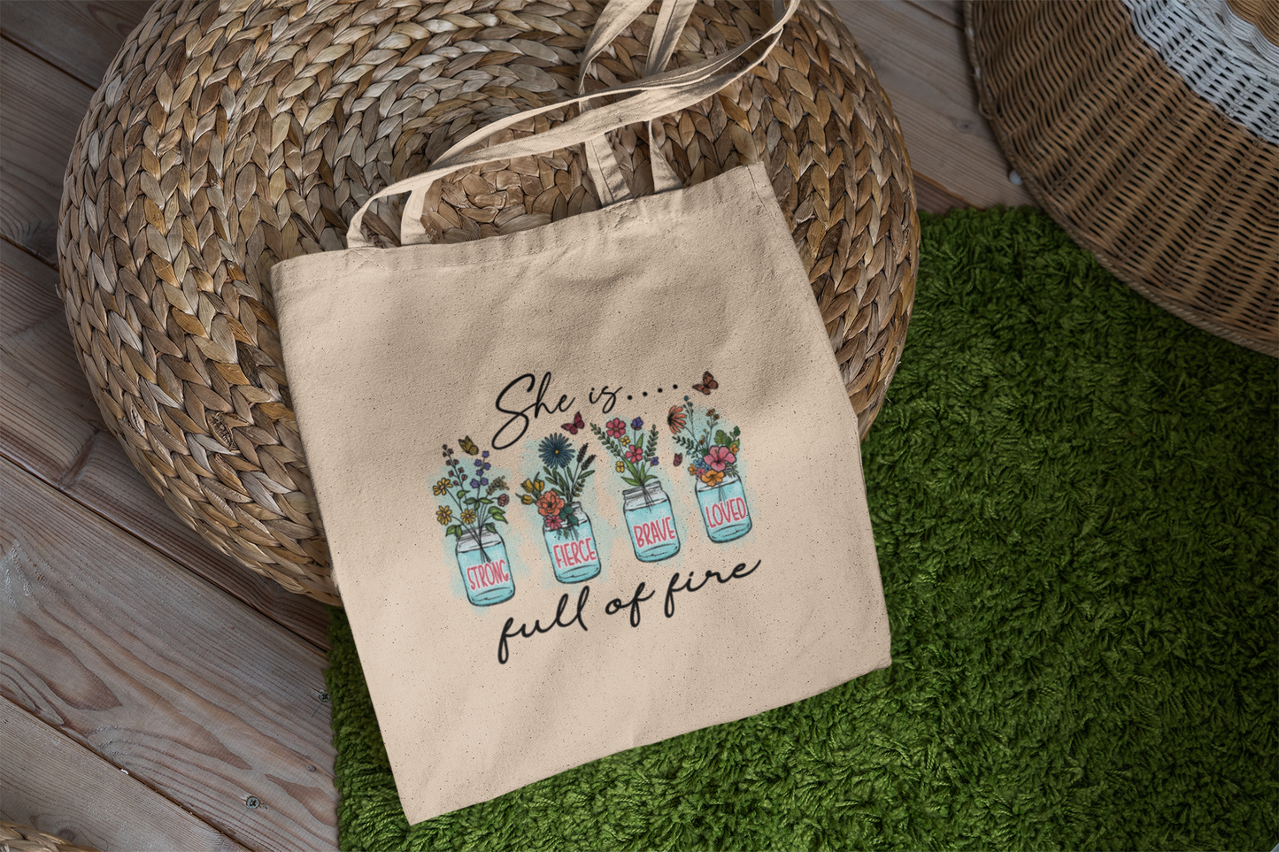 SHE IS STRONG FIERCE BRAVE LOVED FULL OF FIRE - PROMISEKEEPER TOTES