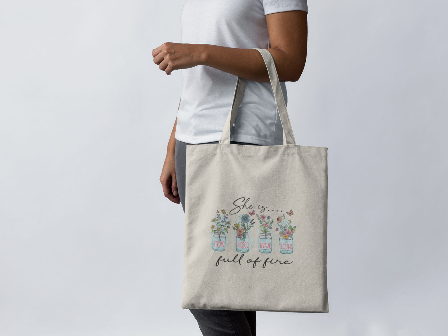 SHE IS STRONG FIERCE BRAVE LOVED FULL OF FIRE - PROMISEKEEPER TOTES