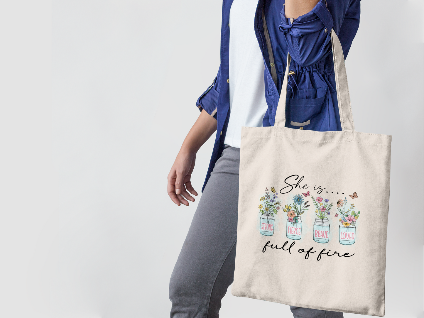 SHE IS STRONG FIERCE BRAVE LOVED FULL OF FIRE - PROMISEKEEPER TOTES