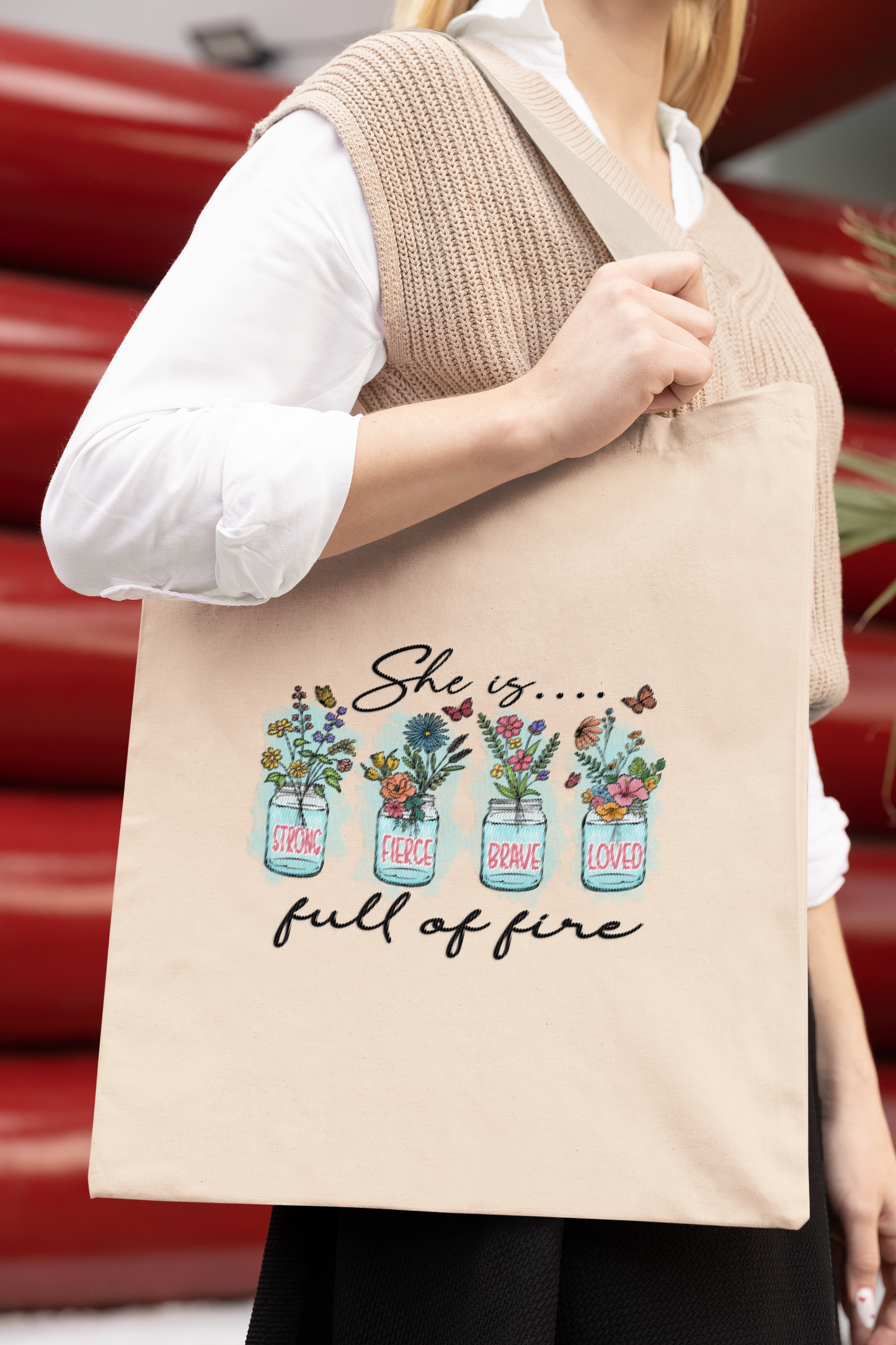 SHE IS STRONG FIERCE BRAVE LOVED FULL OF FIRE - PROMISEKEEPER TOTES