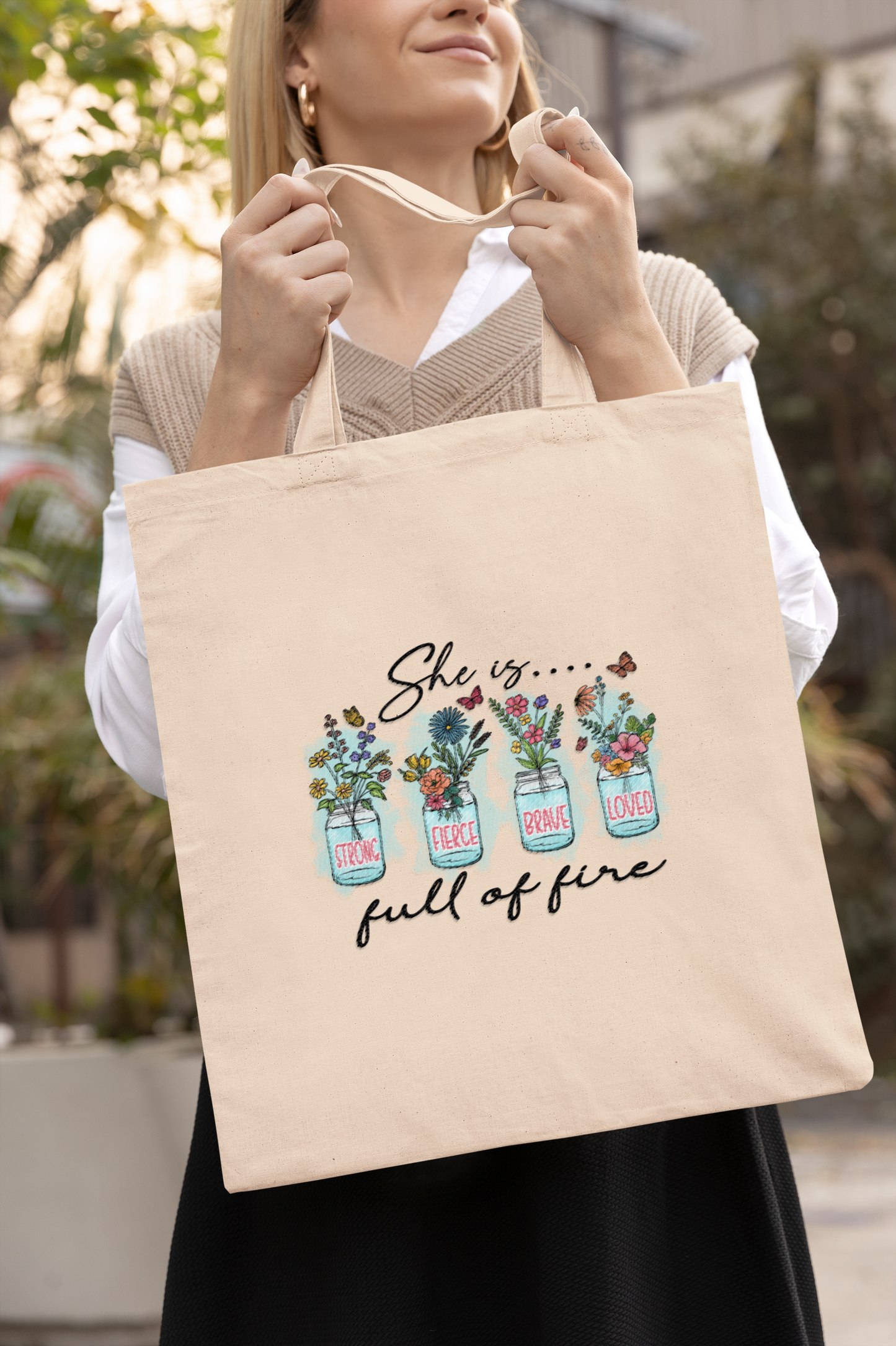 SHE IS STRONG FIERCE BRAVE LOVED FULL OF FIRE - PROMISEKEEPER TOTES